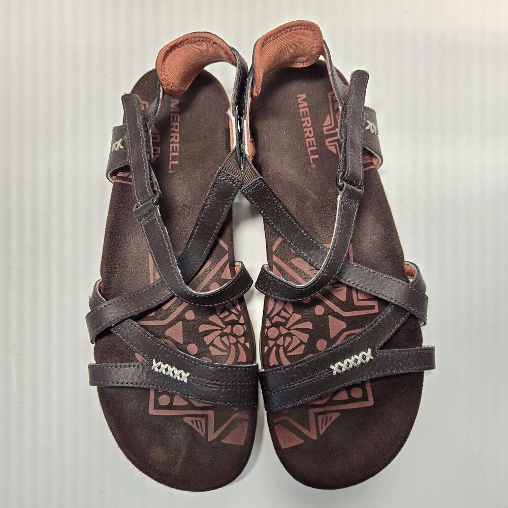 Merrell Women's Strappy Sandal Espresso Brown Leather Air Cushion Size 9 / EUR 4